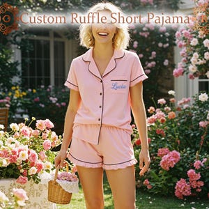 Women Custom Embroidery Name Rayon Ruffle Short Pajama Set Soft Lightweight Summer Sleepwear Bridal Celebration Cozy Nightwear Gift For Her
