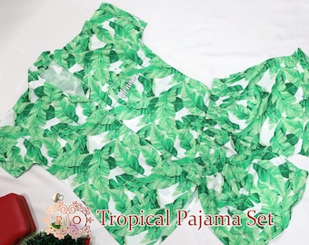 Custom Tropical Pajamas Bachelorette Pajamas Holiday Short Pjs Personalized Tropical Pajama Set Leaf Print Pajamas Bridal Party Pajamas