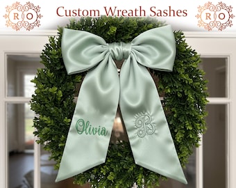 Custom Embroidered Wreath Sash Personalized Wreath Bow Monogrammed Holiday Bow Front Door Décor Seasonal Home Decoration Housewarming Gifts