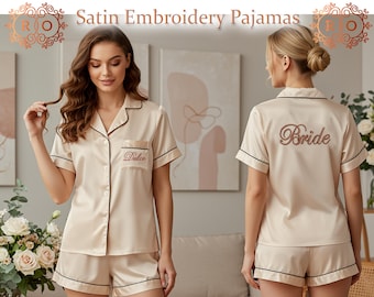 Plus Size Embroidered Satin Pajamas Personalized Bridal Sleepwear Pajamas Monogrammed Wedding Pjs Wedding Day Sleepwear Getting Ready Outfit