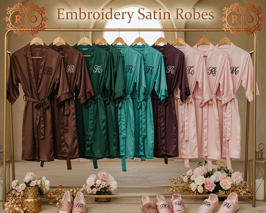 Embroidery Robe Monogram Satin Robes Embroidery Bridesmaid Robes Bridal Party Robes ...