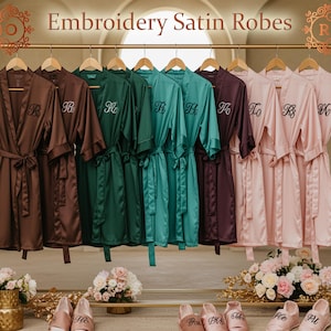Monogram Satin Robes Embroidery Bridesmaid Robes Bridal Party Robes Kimono Robes Wedding Robes Custom Robes Quinceanera Getting Ready Robes