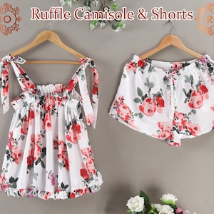 Women Ruffle Camisole and Shorts Set Floral Ruffle Camisole & Shorts Set Romantic Satin Sleepwear Sets Bridesmaid Pajamas Bridesmaid Gifts