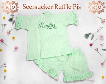 Bridal Seersucker Pajama Set, Custom Embroidery Seersucker Ruffle Pyjamas, Bridesmaid Proposal Gift, Bridal Shower Gift, Personalized Gift