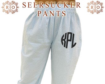 Bestickte Seersucker Hose - Personalisierte Pyjama Hose - Seersucker PJs Hose - Brautjungfer Geschenk - Monogramm Geburtstag Mädchen Geschenk