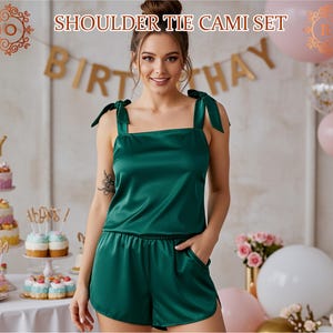 Shoulder Tie Knot Tank Top Style PJ Sets, Satin Cami and Shorts Pajama Set, Gifts for Bridesmaid, Wedding Camisole PJs, Getting Ready Outfit