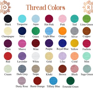 Op de afbeelding: Een kleurenkaart met een verscheidenheid aan draadkleuren, waaronder zwart, turquoise, felroze en blauwgroen. De tekst "Thread Colors" staat bovenaan. De kaart bevat een reeks tinten, van licht tot donker, met namen als "Navy", "Purple" en "Brown".