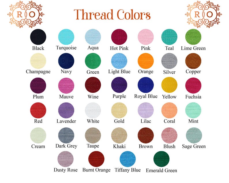 Op de afbeelding: Een kleurenkaart met een verscheidenheid aan draadkleuren, waaronder zwart, turquoise, felroze en blauwgroen. De tekst "Thread Colors" staat bovenaan. De kaart bevat een reeks tinten, van licht tot donker, met namen als "Navy", "Purple" en "Brown".