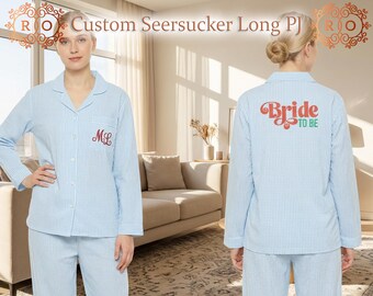 Seersucker Long Embroidered Pajamas Set Pajamas Set for Womens Monogrammed Pajamas Pants Set  Bridal Pajamas Set Gifts for Her Gifts for Mom