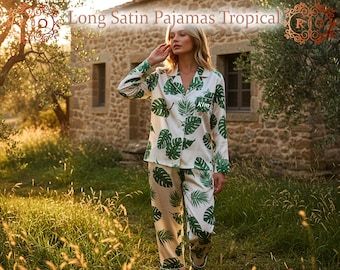 Customized Tropical Pajamas Bachelorette Pajamas Holiday Full Pajama Tropical Pajama Set Personalized Leaf Print Pajamas Bridal Party Pajama