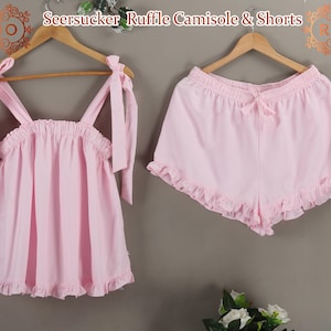 Seersucker Ruffle Camisole & Shorts Light Blue Seersucker Sleepwear Ruffle Cami and Shorts Adjustable Strap Cami and Shorts Bridesmaid Gifts