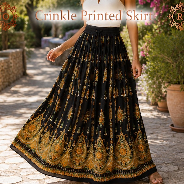 Crinkle Printed Maxi Skirt, Women's Skirt, Long Skirt, Boho Skirt, Flowy Skirt, High Waist Skirt, Summer Skirt, Vacation Beach Skirt Wear