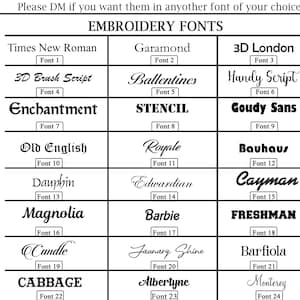 Op de afbeelding: Een overzicht van verschillende borduurlettertypen, elk met een naam en een lettertype nummer. De lettertypen vari&euml;ren in stijl, van klassieke schreeflettertypen zoals Times New Roman tot meer decoratieve opties zoals 3D Brush Script en Candle.