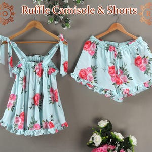 Floral Ruffle Camisole & Shorts Set Romantic Satin Sleepwear for Women Ruffle Camisole and Shorts Set Bridesmaid Pajamas Bridesmaid Gifts