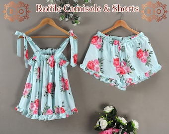 Frauen Rüschen Leibchen und Shorts Set Blumen Rüschen Leibchen & Shorts Set Romantische Satin Nachtwäsche Sets Brautjungfer Pyjamas Brautjungfer Geschenke