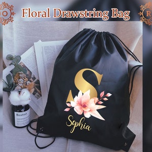 Custom Initial Floral Print Bag Personalized Name Drawstring Bag Customized Drawstring Bridal party Drawstring bag Gift For Her Wedding Gift