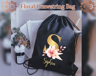 Custom Initial Floral Print Bag Personalized Name Drawstring Bag Customized Drawstring Bridal party Drawstring bag Gift For Her Wedding Gift