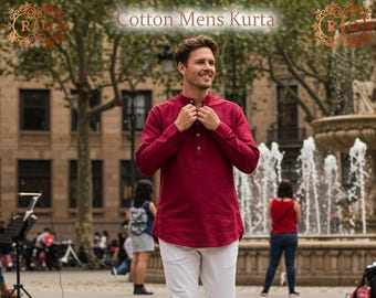 Red Rayon Cotton Short Kurta for Men Casual Ethnic Tunic Top Long Sleeve Indian Festival & Wedding Wear Comfortable Everyday Kurta