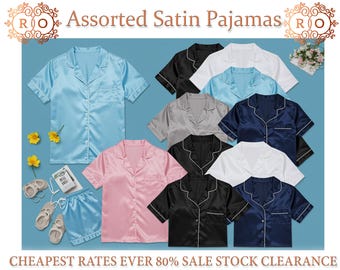 Satijnen pyjama's Goedkoopste tarieven ooit 80% Uitverkoop Opruiming Diverse kleuren Satijnen pyjama's Bruids-, bruidsmeisjes-, verjaardagsfeestje pyjama's
