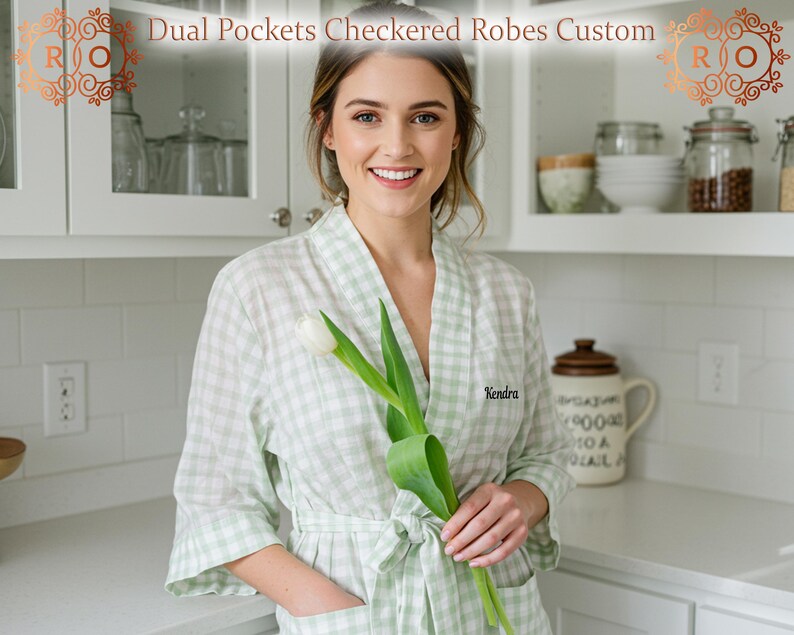 Custom Name Gingham Checkered Dual Pocket Robe Personalized Women’s ...