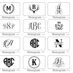 Op de afbeelding: Een verzameling van twaalf monogramontwerpen in zwart op een witte achtergrond. Elk ontwerp wordt weergegeven in een rechthoekig kader, met variaties waaronder initialen in kransen, geweien en decoratieve lettertypen. Het woord "Monogram" staat eronder.