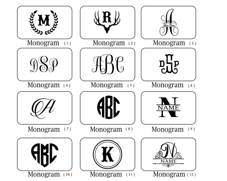 Op de afbeelding: Een verzameling van twaalf monogramontwerpen in zwart op een witte achtergrond. Elk ontwerp wordt weergegeven in een rechthoekig kader, met variaties waaronder initialen in kransen, geweien en decoratieve lettertypen. Het woord "Monogram" staat eronder.