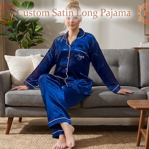 Satin-Lange Pyjama Set | Brautjungfer lange Pjs-Sets | Langer Pyjama | Satin-Pyjama | Satin-Pyjama-Set | Langer Brautschlafanzug | Langer Hosen-Pyjama