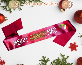 Customized Christmas Party Sash, Ms. Grinch Sash, Bridal Party Sash, Bachelorette Sash, Christmas Tree Decor, Wedding Sash, Christmas Gifts