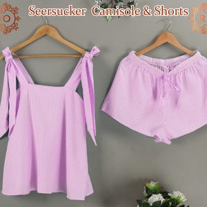 Seersucker Camisole & Shorts Sleepwear Set Seersucker Camisole and Shorts Set Lightweight Summer Loungewear Tie Knot Tank Top Style Pj Sets