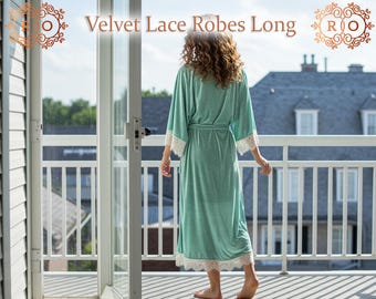 Personalized Velvet Lace Robe Luxury Bridal Robe with Lace Trim, Custom Bridesmaid Robes, Wedding Morning Robes Velvet Lace Robe Bridal Robe