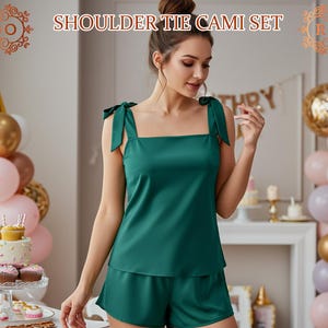 Silk Bridesmaid Pajama, Tie Knot Tank Top Style PJ Sets, Satin Cami and Shorts Pajama Set, Shoulder Tie Knot Tank Top Cami Set, Camisole PJs