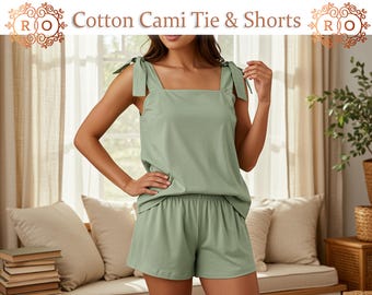Pyjama de demoiselle d'honneur en coton rayonne, ensembles de pyjama style débardeur à nouer, ensemble de pyjama caraco et short en satin, ensemble de débardeur noué aux épaules