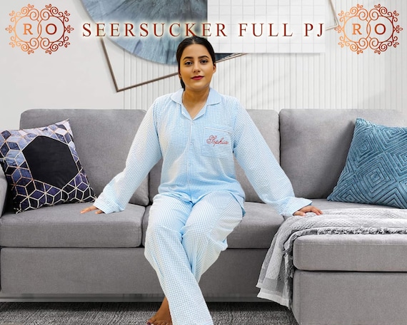 Seersucker Long Embroidered Pajamas Set Pajamas Set for Womens Monogrammed Pajamas Pants Set Bridal Pajamas Set Gifts for Her Gifts for Mom Etsy UK