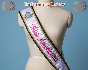 Aangepaste Miss Americana sjerp voor optocht Gepersonaliseerde borduursjerp Sjerp aanpassen sjerp bruidsmeisje voor bruidsfeest Aangepaste sjerp met kant