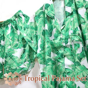Custom Tropical Pajamas Bachelorette Pajamas Holiday Short Pjs Personalized Tropical Pajama Set Leaf Print Pajamas Bridal Party Pajamas