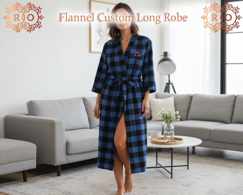 Mounted Buffalo Robe Monogrammed Buffalo Check Robe- Personalized Long Flannel Robe, Custom ...