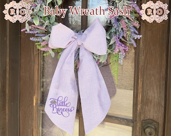 Custom Seersucker Baby Wreath Sash Seersucker Wreath Sash Spring Door Decor Summer Wreath Sash Monogrammed Sash Birth Announcement sash