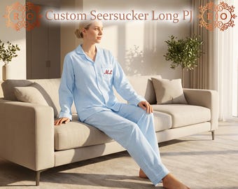 Seersucker Pajamas Set for Womens Monogrammed Pajamas Pants Set Embroidered Long Pajamas Set Bridal Pajamas Set Gifts for Her Gifts for Mom