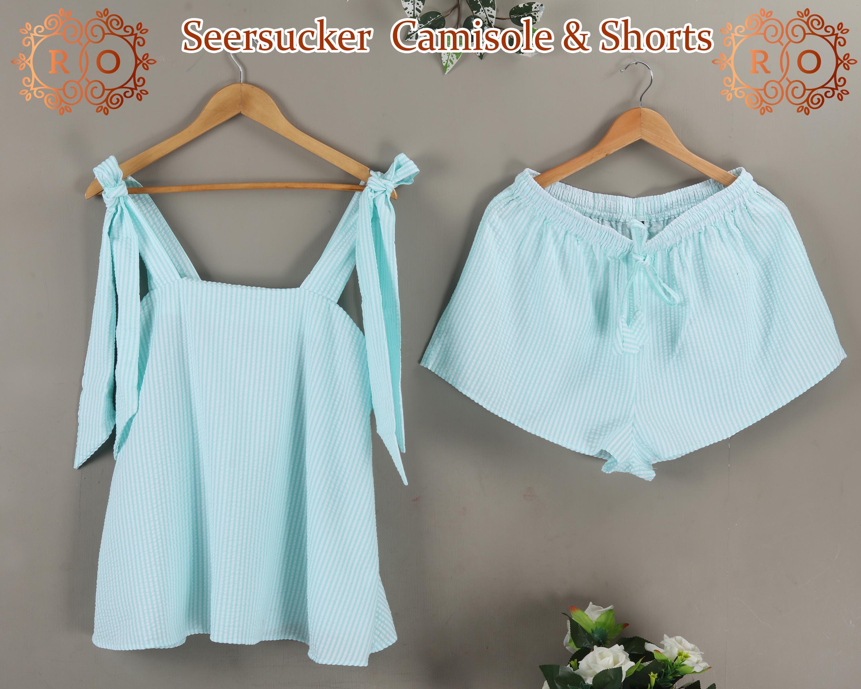 Seersucker Tie Knot Tank Top Style Pj Sets Camisole & Shorts Sleepwear Set Seersucker Camisole and Shorts Set Lightweight Summer Loungewear