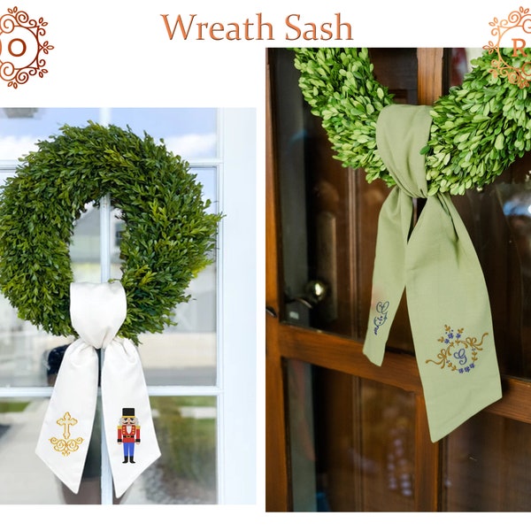 Monogram Wreath Sash, Front Door Decor, Personalized Front Door Wreath Sash, Vintage Vine Wedding Sash, Embroidery Wreath Sash, White Sash