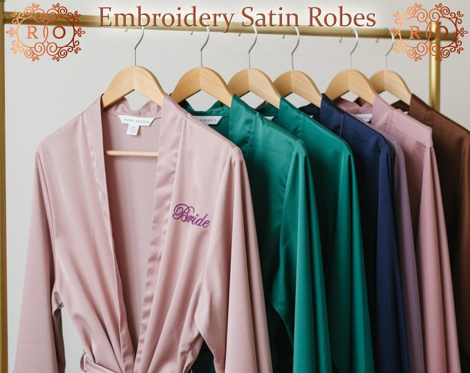 Custom Embroidery Robes Satin Robes Bridesmaid Robes Bridal Monogram Robes Getting Ready Robes Silk Satin Robes Bachelorette Robes for Gift