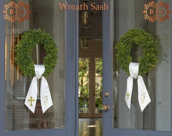 Custom Embroidery Monogram Wreath Sash Holiday Home Front Door Decor Personalized Front Door Wreath Boxwood monogram embroidery wreath Sash