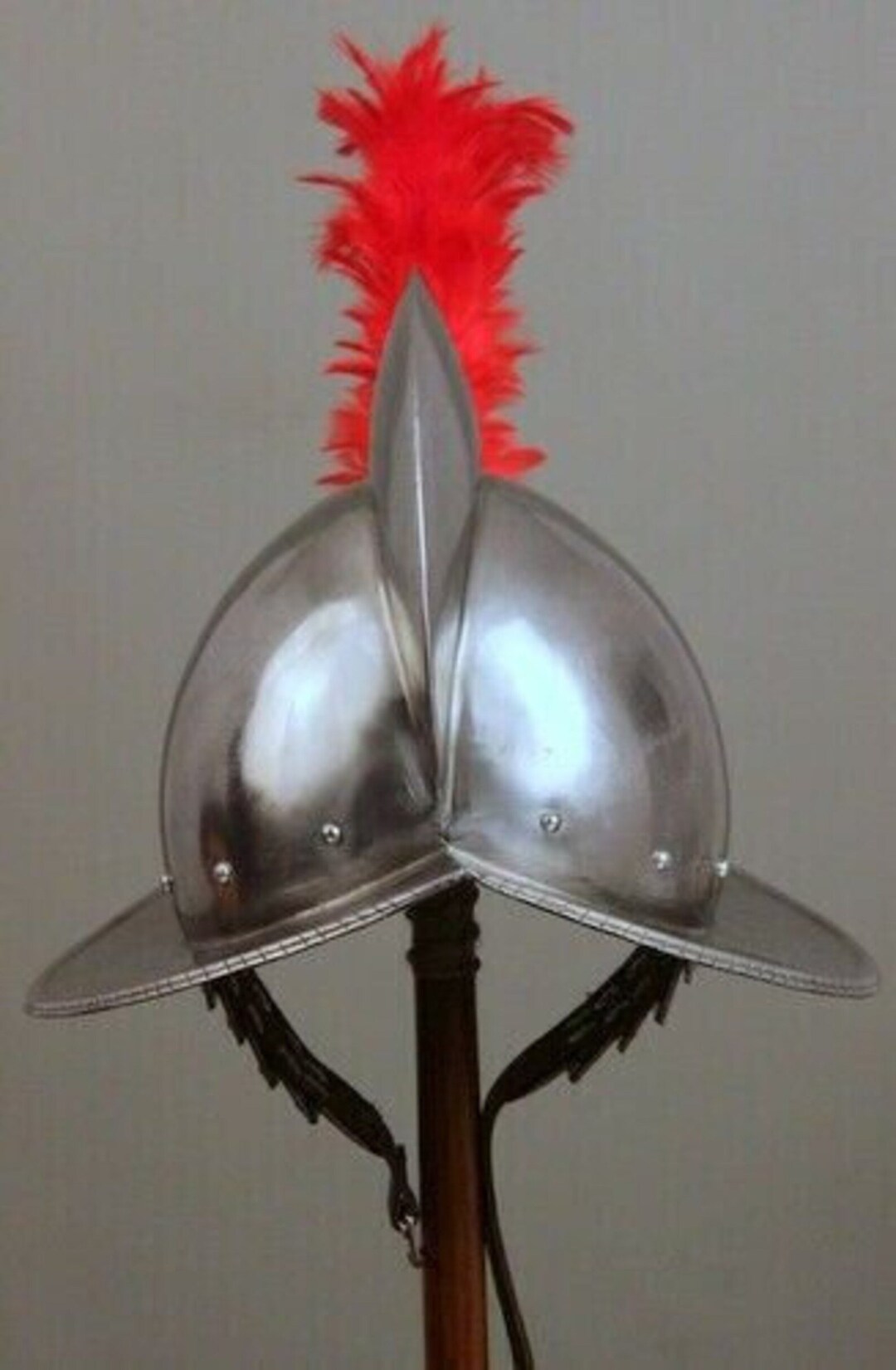 Spanish Steel Morion, Medieval Conquistador Helmet With Red