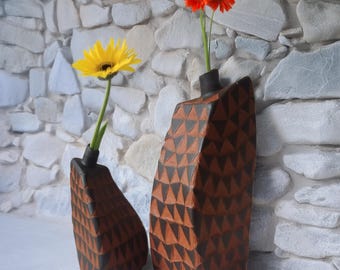 Handcrafted Geometric Patterned Terracotta Vases – Set of 2 | Unique Home Decor | Modern Indian Art | Flower Holders