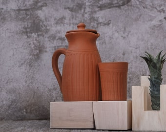 Handmade Terracotta pitcher, Terracotta pitcher, water jug, clay jug, farmhouse décor, unique pottery, Wine Carafe (with 1 glasses)