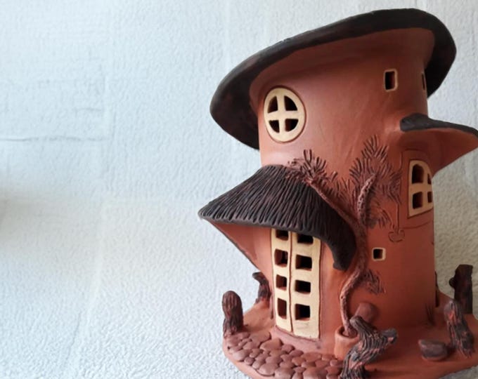 Featured listing image: Whimsical Handmade Clay Fairy House | Rustic Garden Ornament | Enchanting T-Light Holder | Unique Indian Pottery