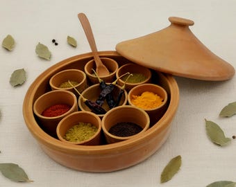 Eco-Friendly Terracotta Masala Dabba-Clay Spice & Herb Keeper-Multi-Compartment Jewelry Box -Authentic Indian Gift