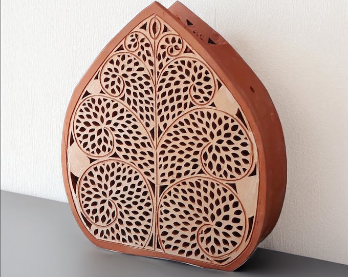 Featured listing image: Handcrafted Rustic Terracotta Hanging Lamp with Intricate Leaf Motif, Perfect for Outdoor Decor