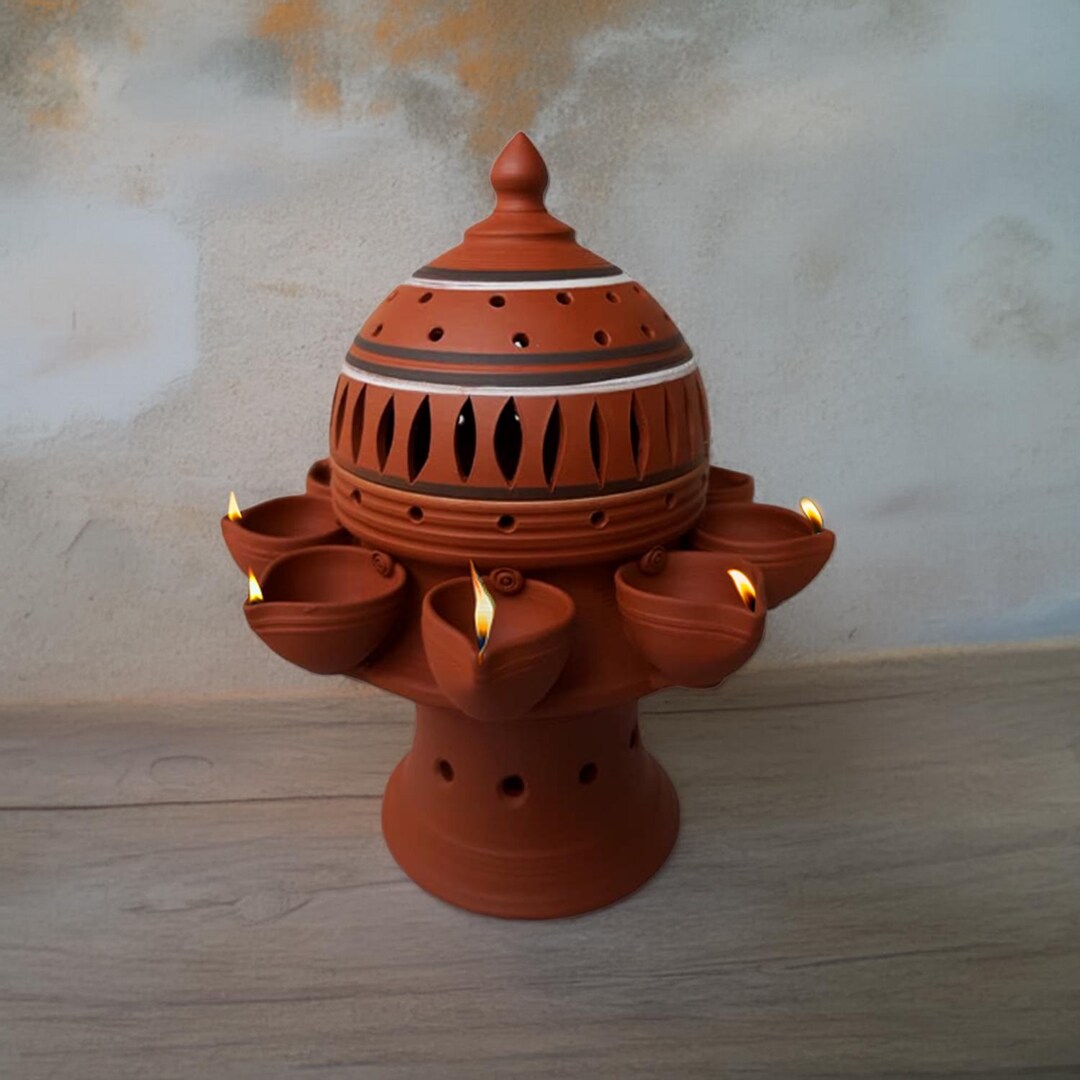 Handcrafted Terracotta Oil Lamp With Dome Lid and Multiple Diyas ...
