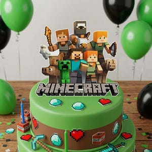 Peut inclure: Un gâteau à deux étages décoré d'éléments sur le thème de Minecraft, incluant des figurines pixelisées, des découpes de diamants, de cœurs et de blocs TNT. Le gâteau présente des couches vertes et brunes avec le logo Minecraft sur le dessus.